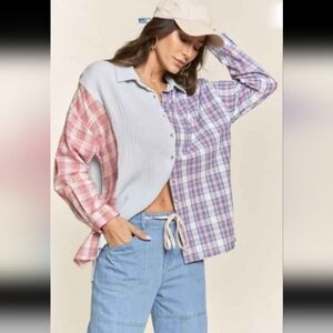 Colorblock Plaid Button-Down Shirt